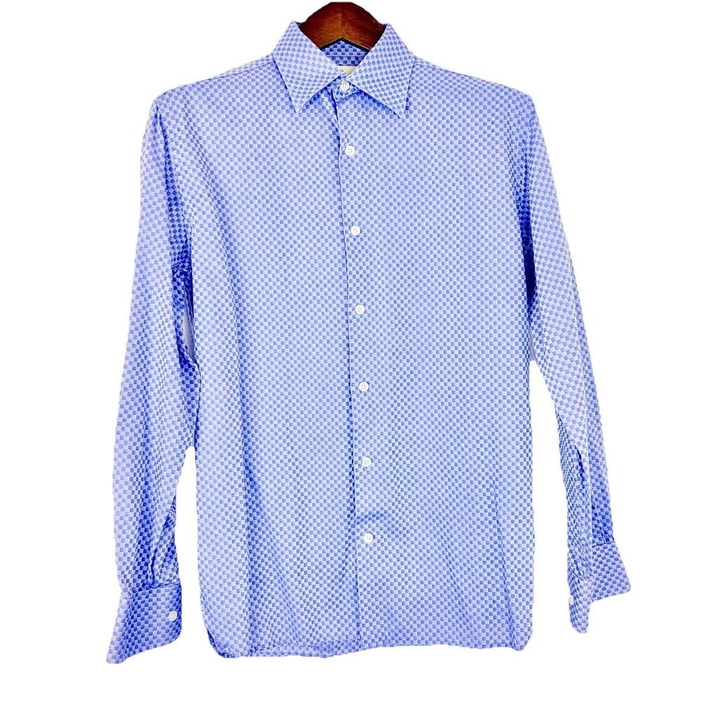 PERRY ELLIS Purple Geometric Check Dress Shirt Men’s Small 100% COTTON